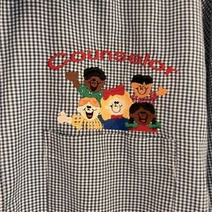 Blue and white checked button up shirt for counselors